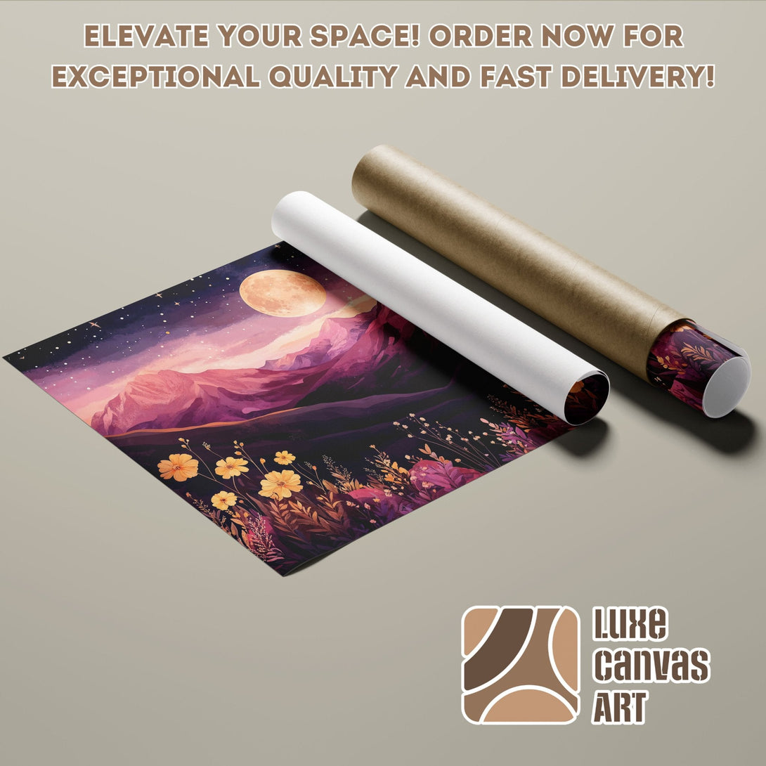 Poster Roll featuring a mountain landscape in a watercolor style, with a purple and yellow color palette.