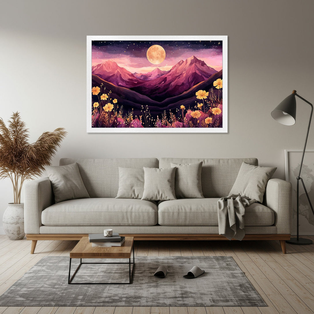 Framed Poster of a dreamy mountain landscape with a full moon, watercolor style, featuring purple, pink, and yellow hues. Perfect wall art!