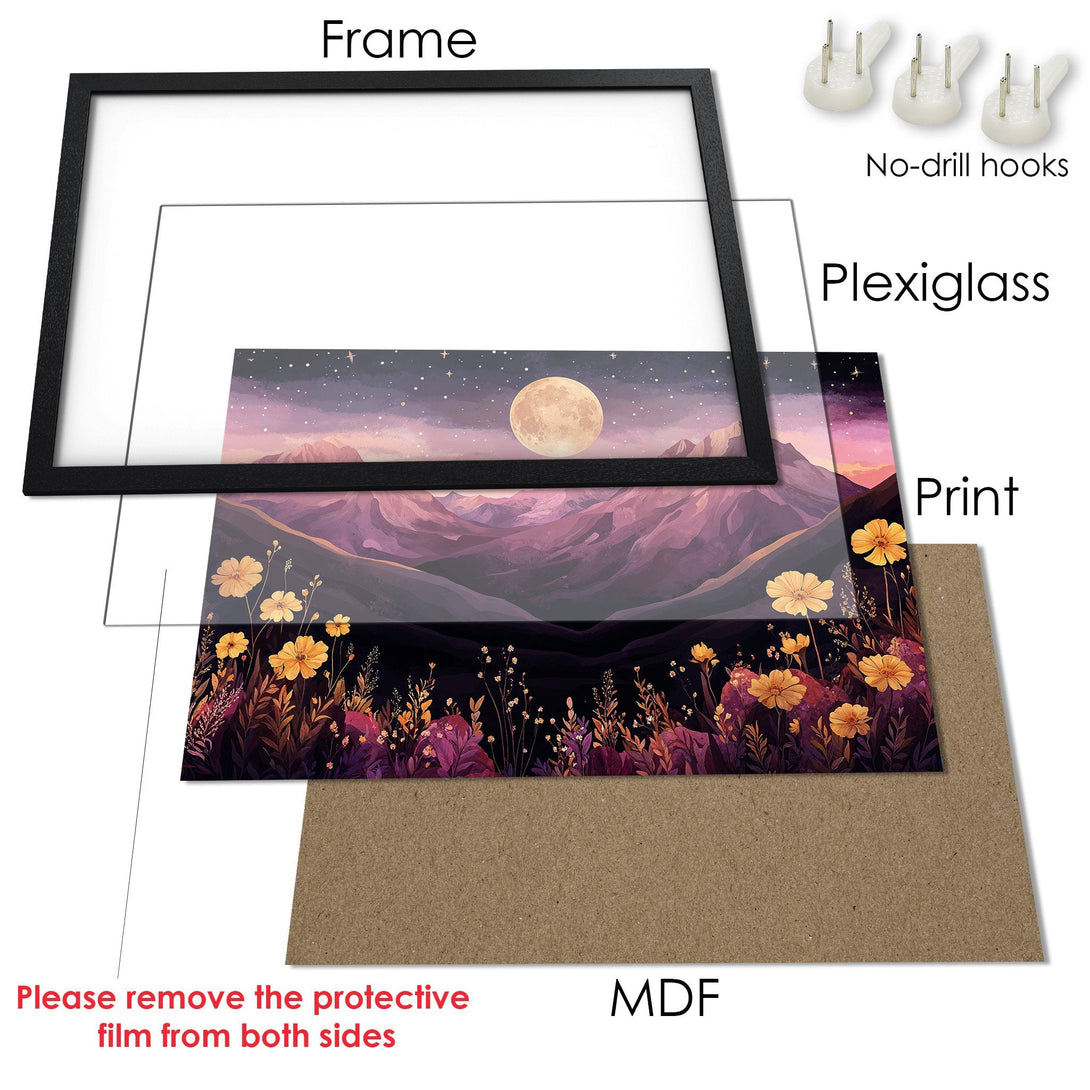 Framed Poster featuring a dreamy landscape with a full moon, floral elements, and a purple/yellow color palette. Perfect wall art!