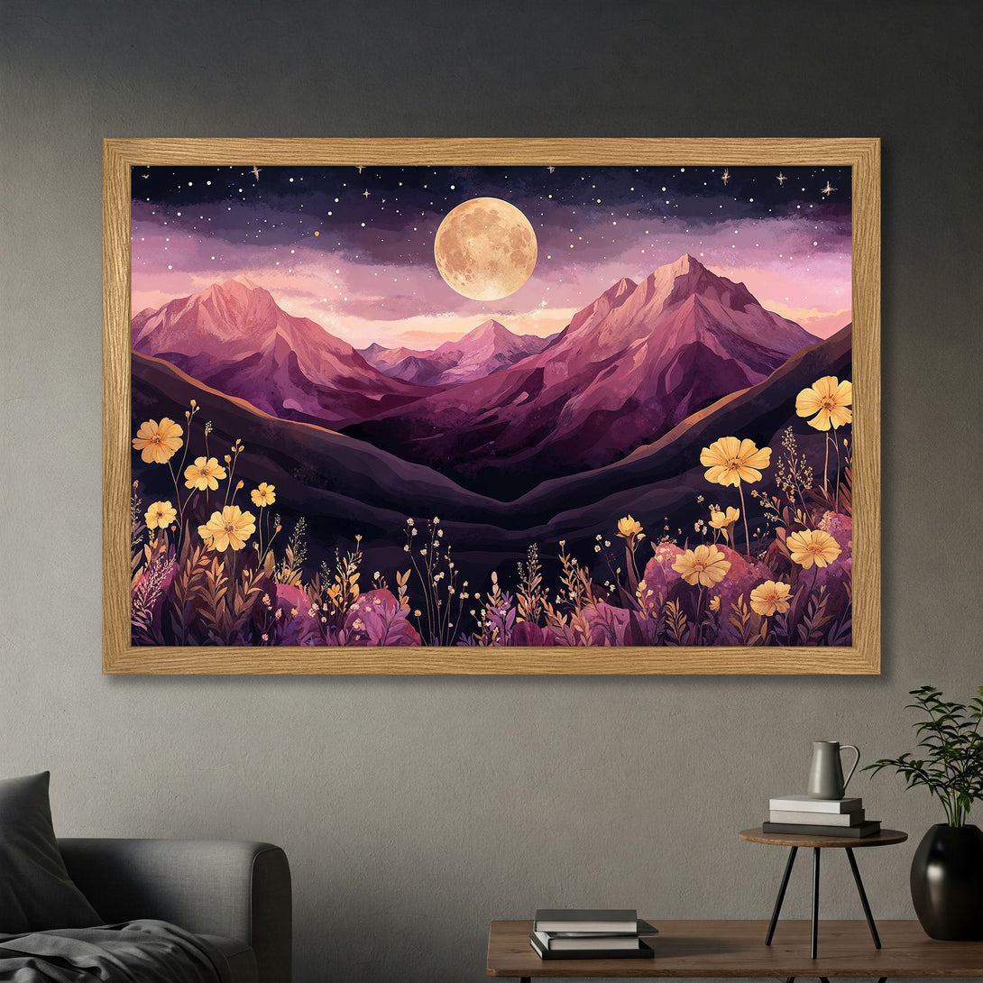 Framed Poster featuring a dreamy mountain landscape with a full moon, in a watercolor style with purple and yellow hues. Perfect wall art!
