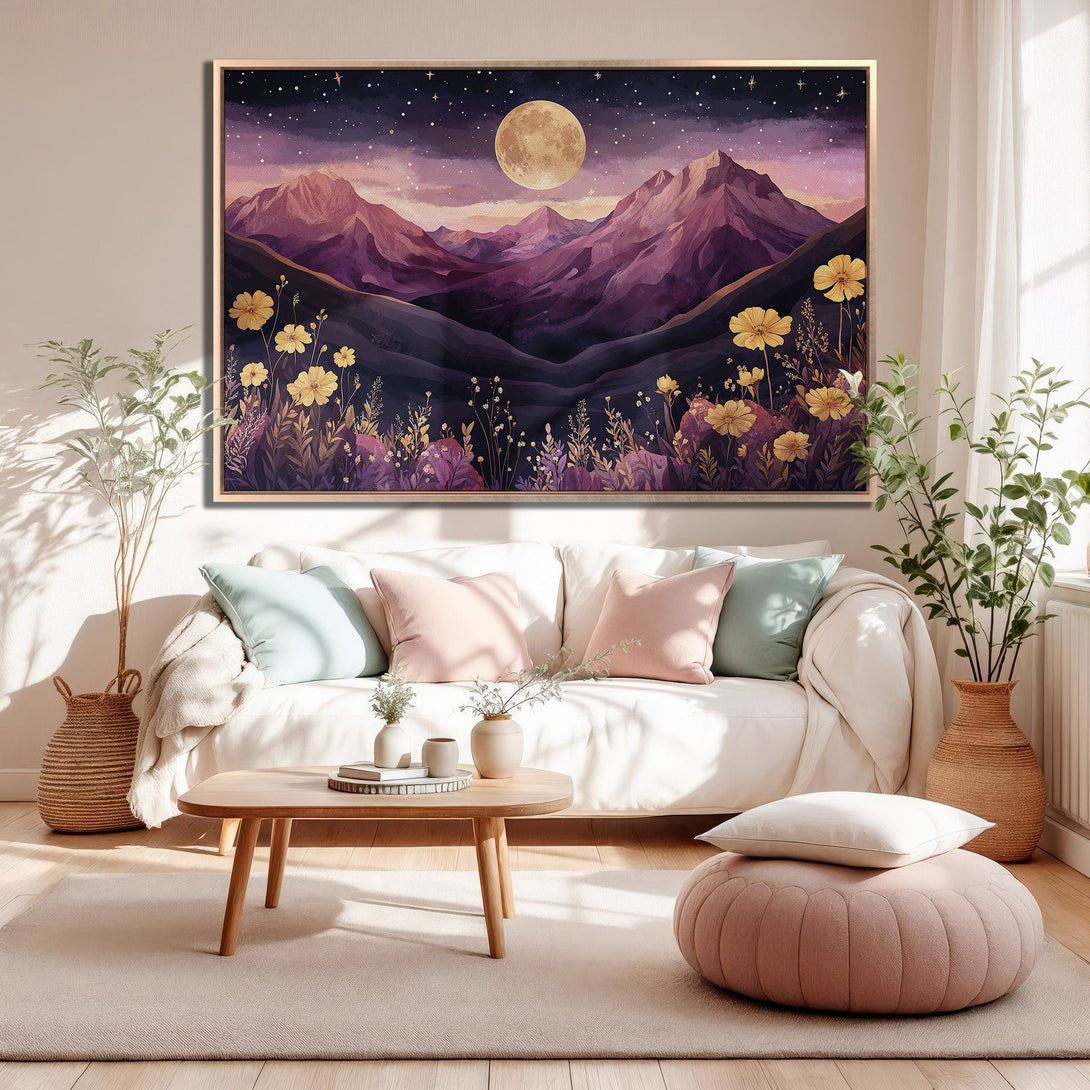 Framed Wall Art: Watercolor landscape with mountains, moon, and flowers. Purple, gold, and dark blue color palette. Perfect for living room decor.