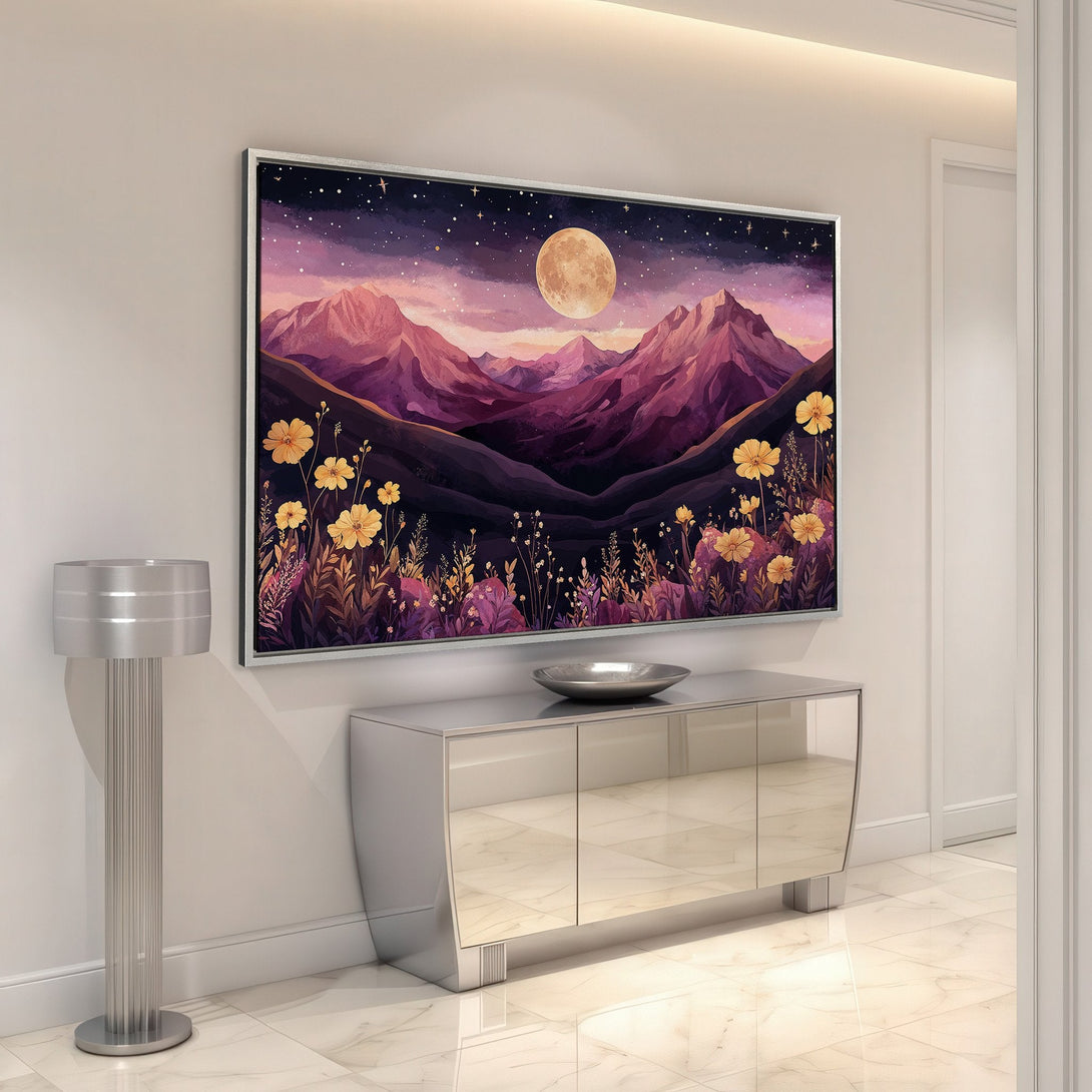 Framed Wall Art: Watercolor landscape Canvas Print with mountains, moon, and flowers in purple and yellow hues. Perfect for home decor.