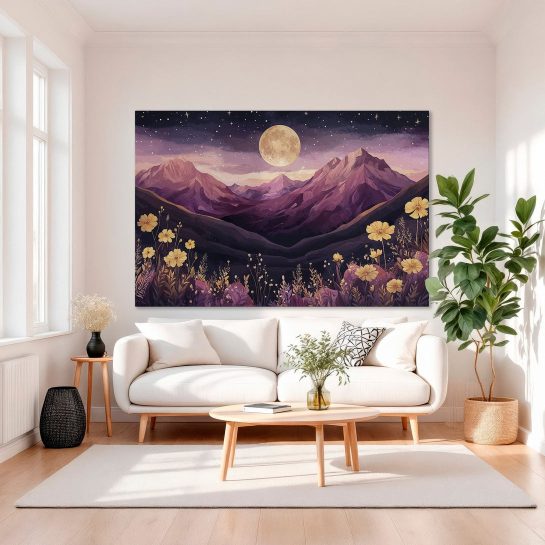 Framed Wall Art: Watercolor landscape Canvas Print featuring mountains, moon, and flowers in purple, gold, and dark hues. Perfect for home decor.