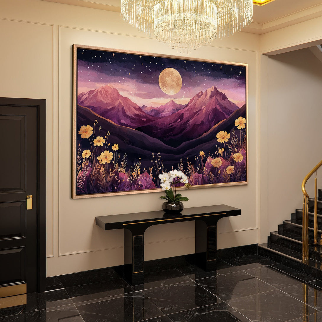 Framed Wall Art: Mountain landscape canvas print with a full moon. Purple, gold, and dark tones create a dreamy, artistic style for any interior.