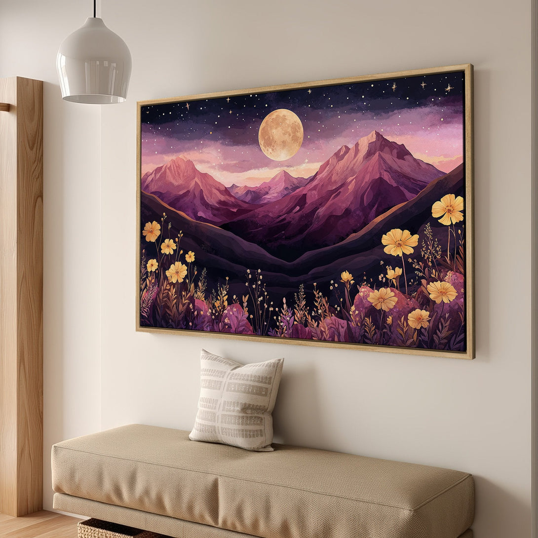 Framed Wall Art featuring a watercolor landscape with mountains, moon, and flowers. Purple, yellow, and dark blue color palette for a calming, artistic touch.