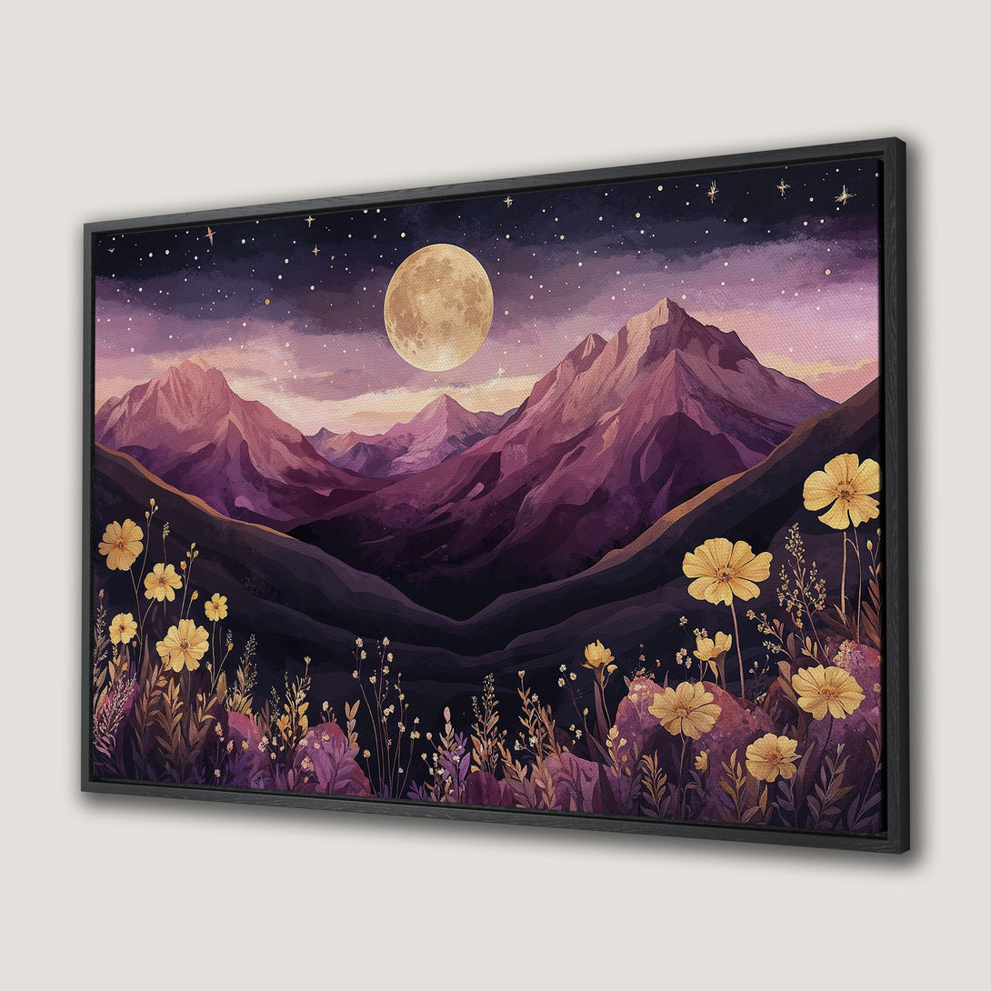 Framed Wall Art featuring a watercolor night landscape with mountains, moon, and yellow flowers. Purple and gold color palette. Perfect for home decor.