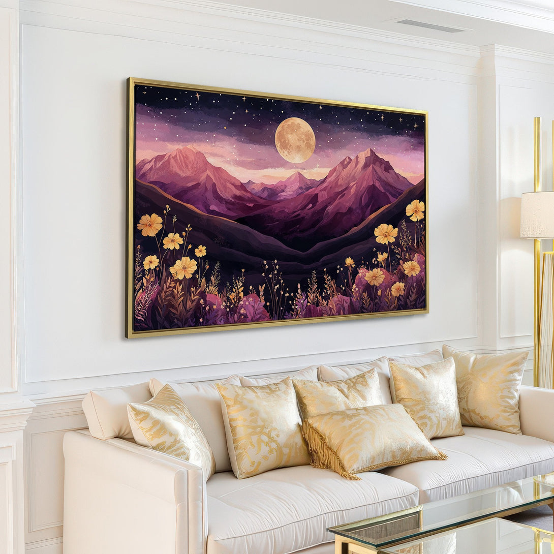 Canvas Print of a mountain landscape with a full moon, featuring a watercolor style and a purple and gold color palette, perfect for home decor.
