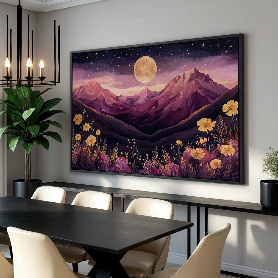 Framed Wall Art featuring a mountain landscape with a full moon, in a painterly style. Rich purple and yellow color palette. Perfect for home decor.