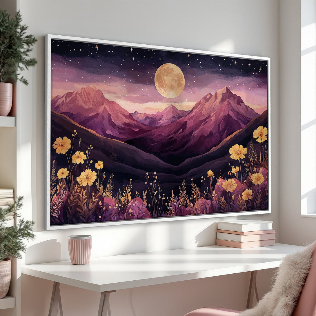 Framed Wall Art: Watercolor landscape with mountains, moon, and flowers in purple, yellow, and dark tones. Perfect for adding a touch of nature to your home.