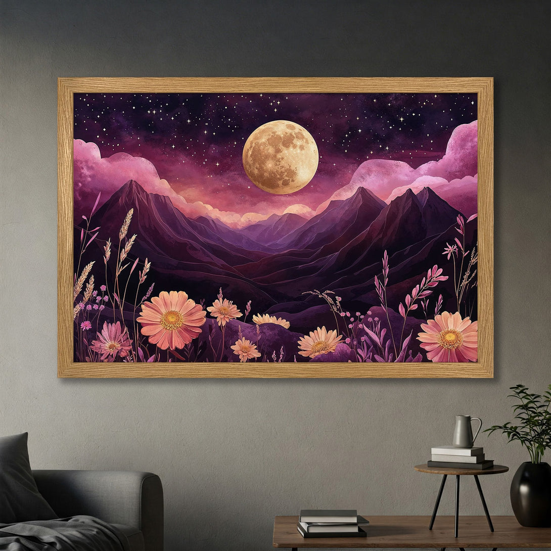 Framed Poster featuring a dreamy landscape with a full moon, mountains, and flowers. Watercolor style with a purple and pink color palette.
