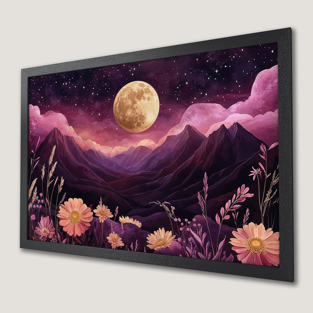 Framed Poster featuring a dreamy landscape with mountains, moon, and flowers in a purple and pink color palette. Perfect wall art!