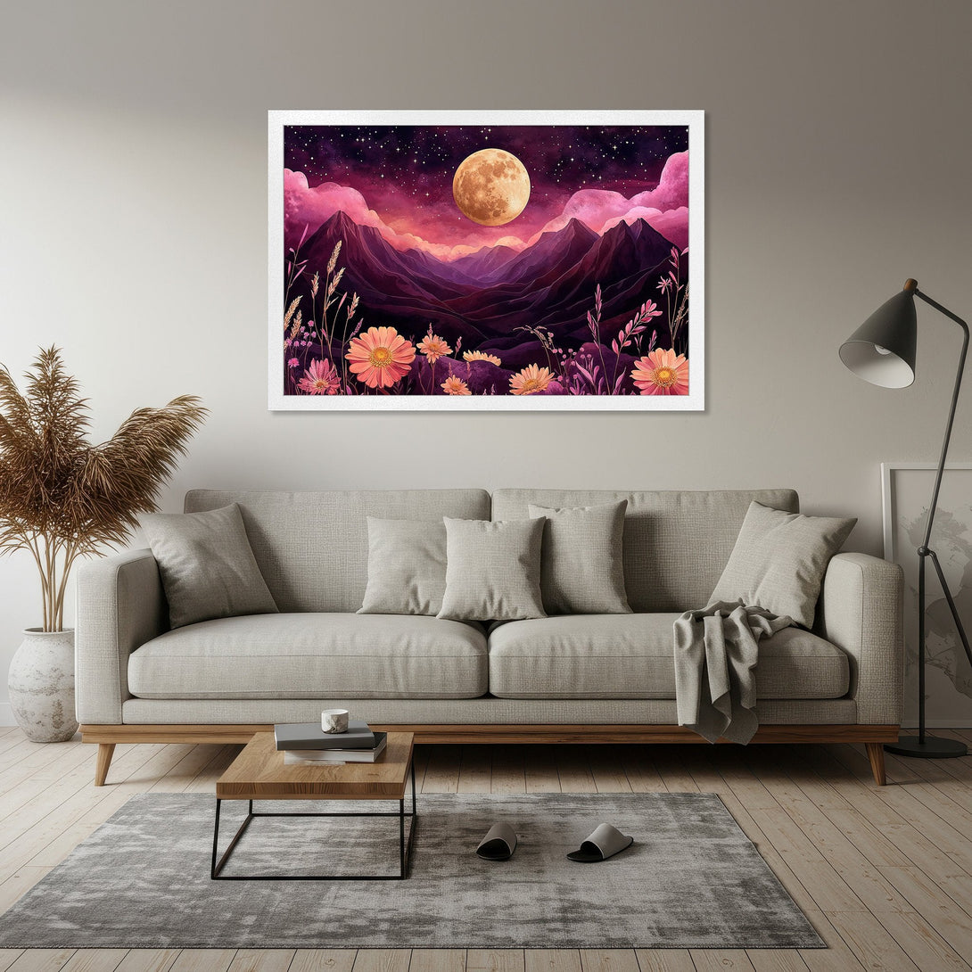 Framed Poster featuring a dreamy landscape with a moon, mountains, and flowers. Watercolor style, vibrant pink and purple palette. Perfect wall art!
