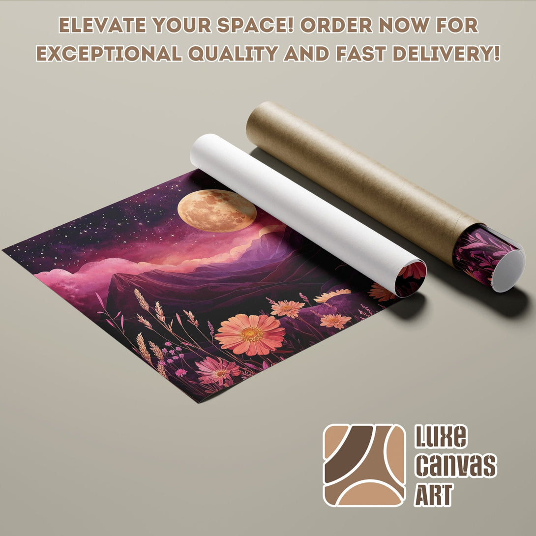 Poster Roll featuring a dreamy landscape with moon, flowers, and mountains, in a vibrant pink and purple palette.