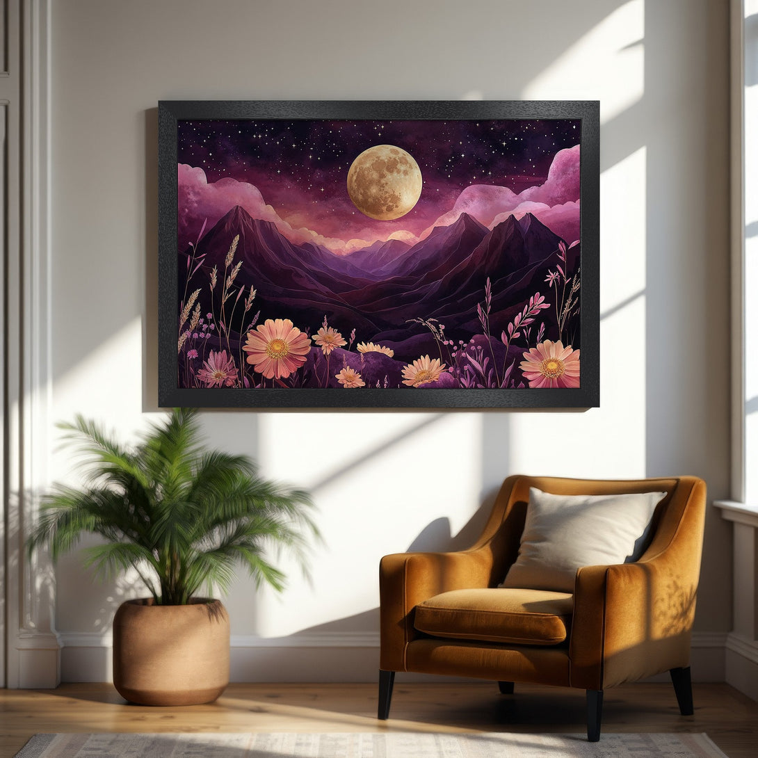 Framed Poster featuring a dreamy landscape with a moon, mountains, and flowers in a purple and gold color palette. Perfect wall art!