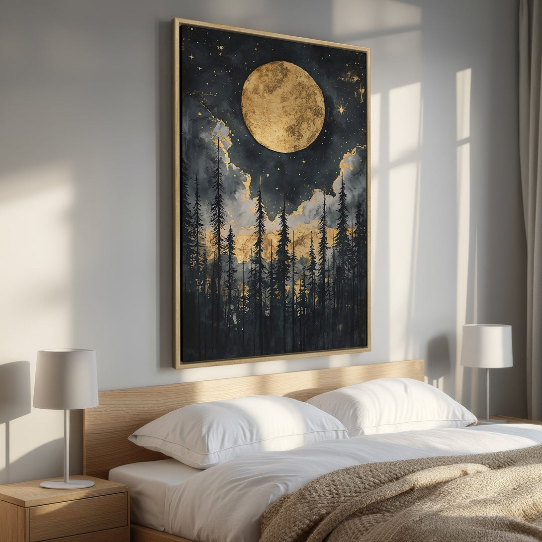 Framed Wall Art of a moonlit forest scene in a bedroom. Features a dark, moody color palette with gold accents, perfect for adding a touch of elegance.