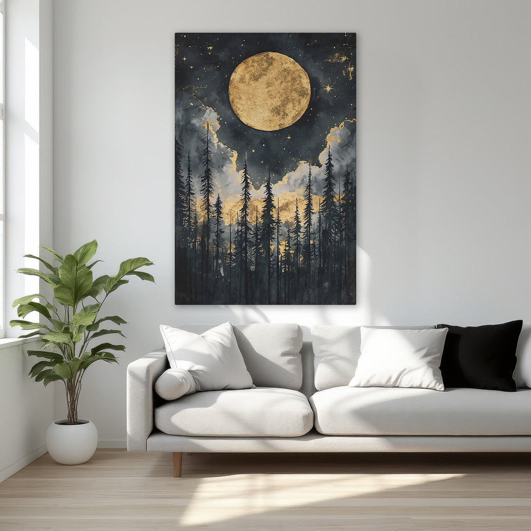 Framed Wall Art: Stunning moonlit forest scene in black, gold, and gray. Elevate your space with this captivating canvas print. Shop now!