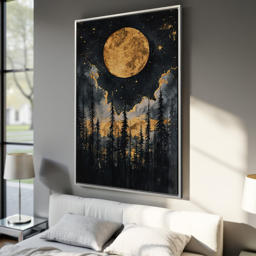 Framed Wall Art: Abstract moonlit forest scene in gold, black, and gray. Modern canvas print for bedroom decor. Add a touch of elegance to your space!