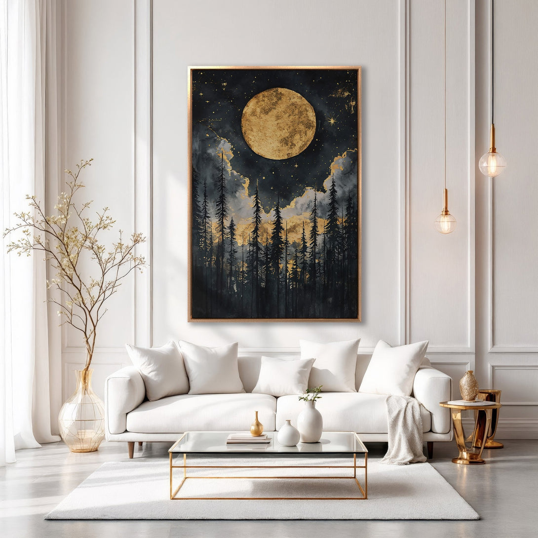 Framed Wall Art: Moonlit forest scene in black, gold, and gray. Modern canvas print adds elegance to any interior. Shop now for stunning wall decor!