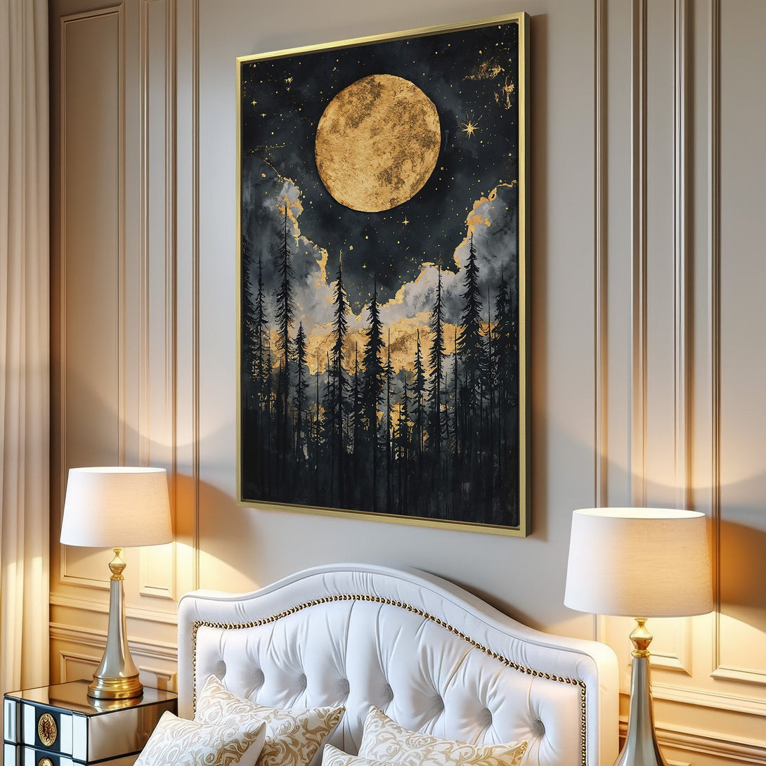 Canvas Print: Stunning night forest art with a golden moon. Dramatic, moody artwork in black, gold, and gray tones. Perfect for modern home decor.