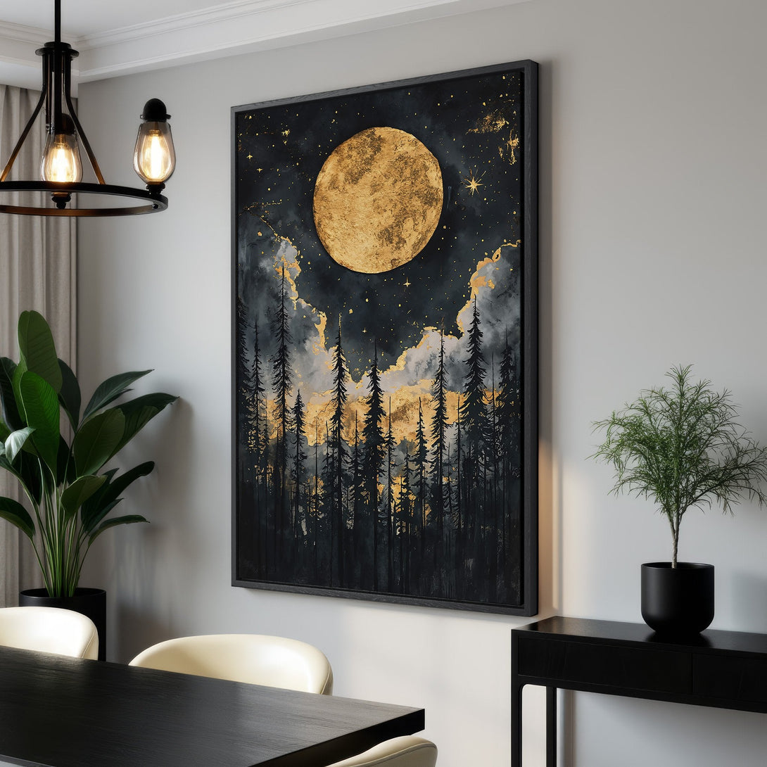 Framed Wall Art: Stunning moonlit forest scene. Black, gold, and gray color palette. Modern abstract art for your home. Shop Canvas Prints today!