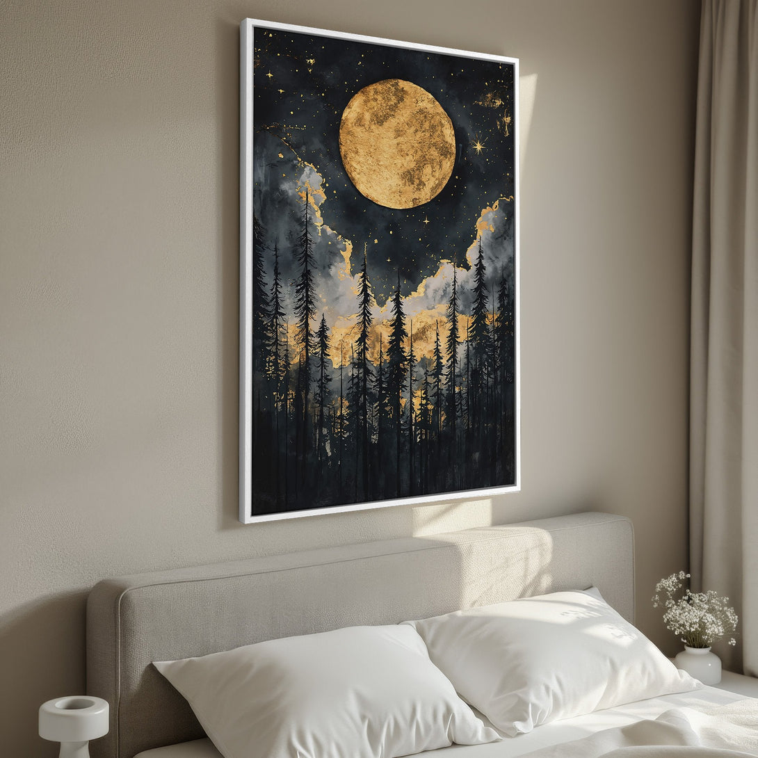 Framed Wall Art featuring a celestial forest scene with a golden moon. Moody watercolor style with a dark, gold, and gray color palette. Perfect bedroom decor.