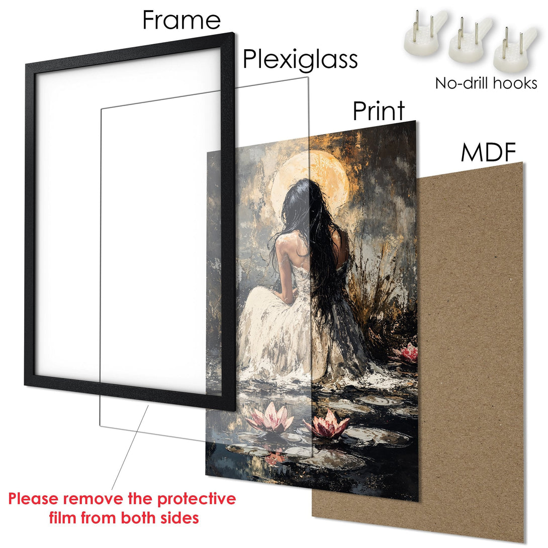 Framed Poster featuring a woman by water, artistic style, neutral color palette. Perfect wall art for your home!