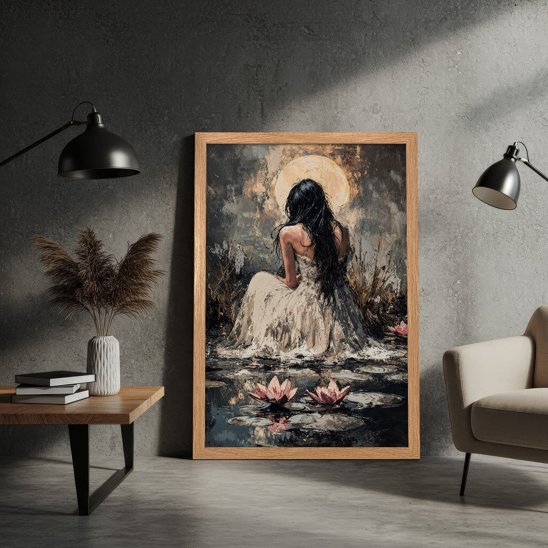 Framed Poster featuring a woman by a pond, impressionist style, with a muted color palette of blacks, whites, and browns.