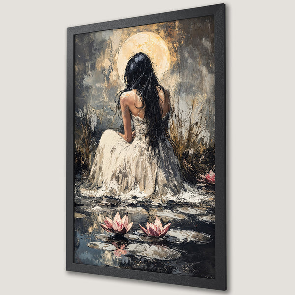 Framed Poster featuring a woman by a pond with lotus flowers, impressionistic style, earthy tones with pops of pink and gold.