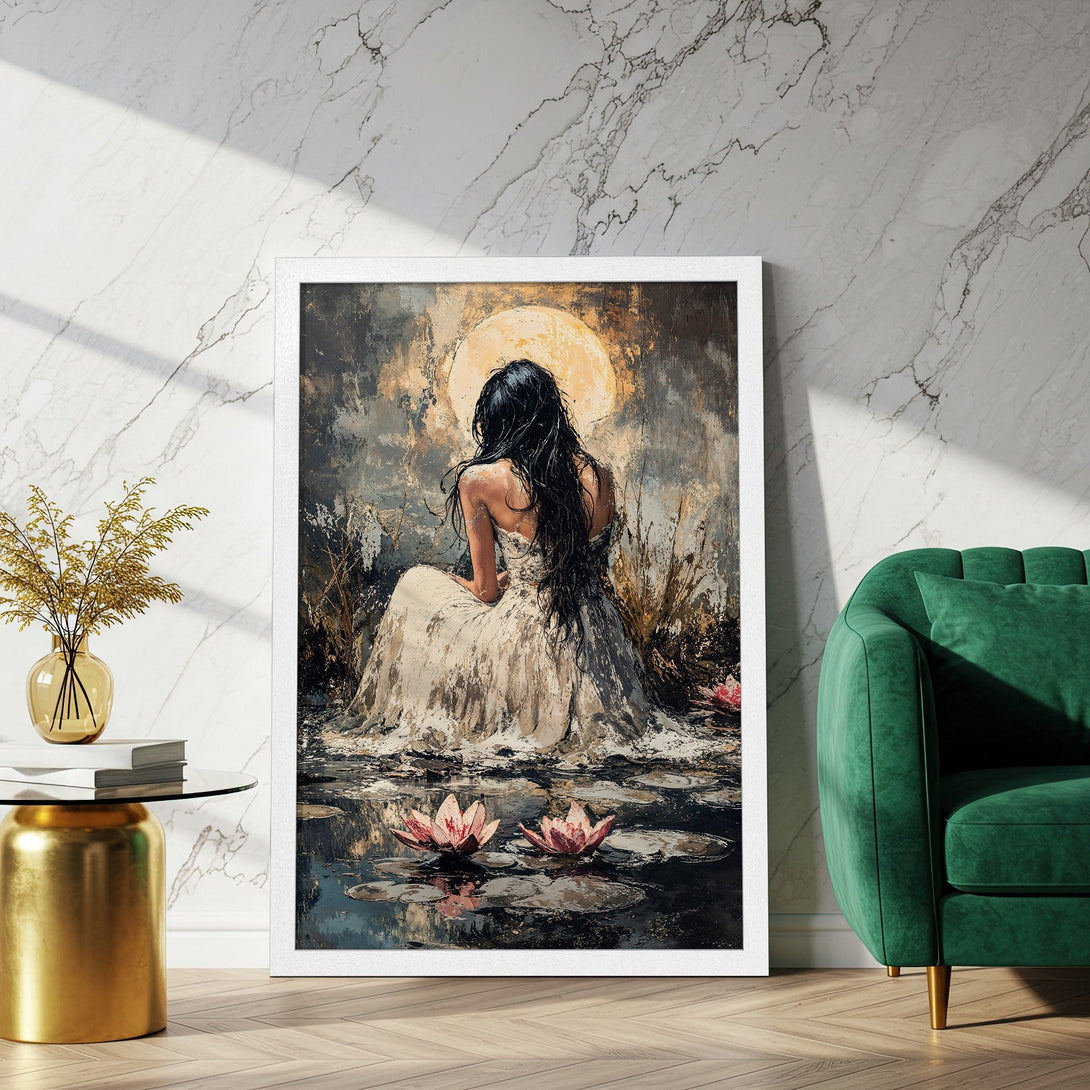 Framed Poster featuring a woman by water, impressionistic style, warm color palette. Perfect art for your home!