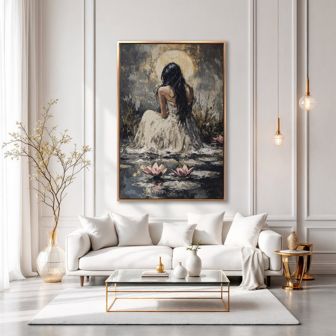 Framed Wall Art featuring a serene woman in a pond, displayed in a modern living room with a neutral, elegant color palette.