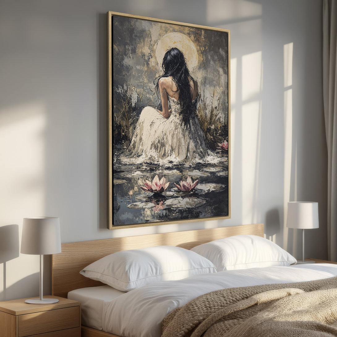 Framed Wall Art: Serene woman in white dress, impressionistic style. Earthy tones with pops of pink. Perfect for bedroom decor.