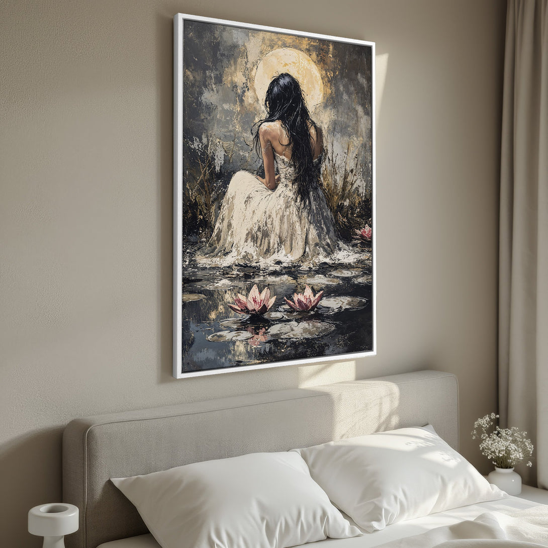 Framed Wall Art: Serene woman painting with neutral tones. Abstract art with a woman in a white dress, water lilies, and a moon. Perfect for bedroom decor.