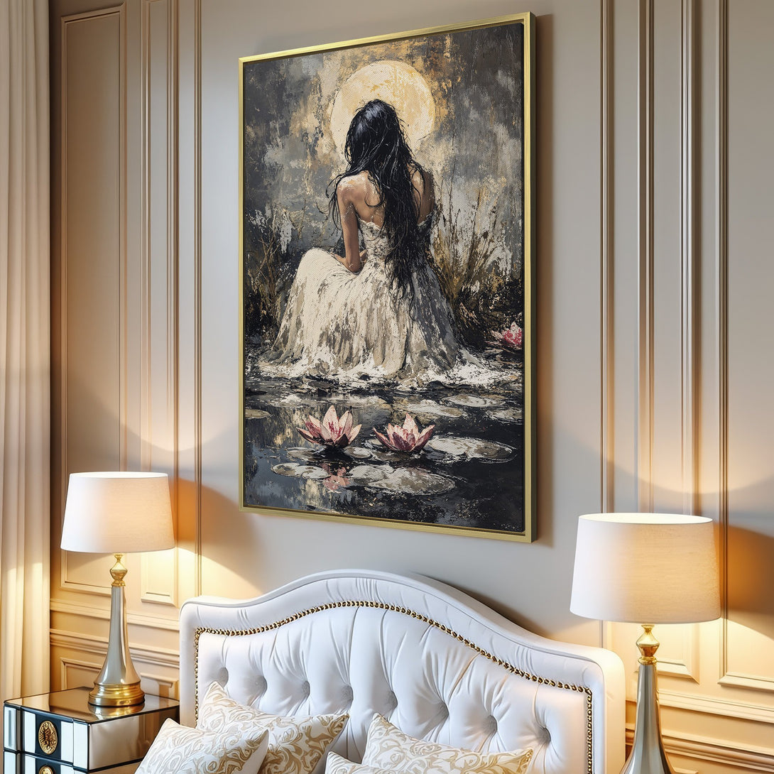Canvas Print: Serene woman artwork in neutral tones. Abstract style with a calming color palette, perfect for modern home decor.
