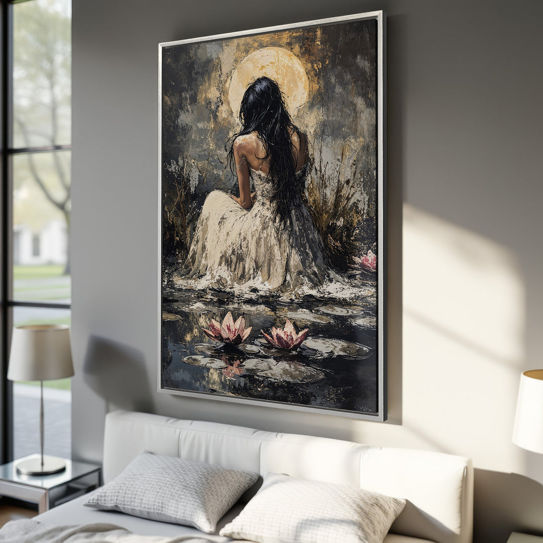 Framed Wall Art: Serene woman in a white dress painting. Moody, impressionistic style with black, gold, and neutral tones. Perfect for bedroom decor.