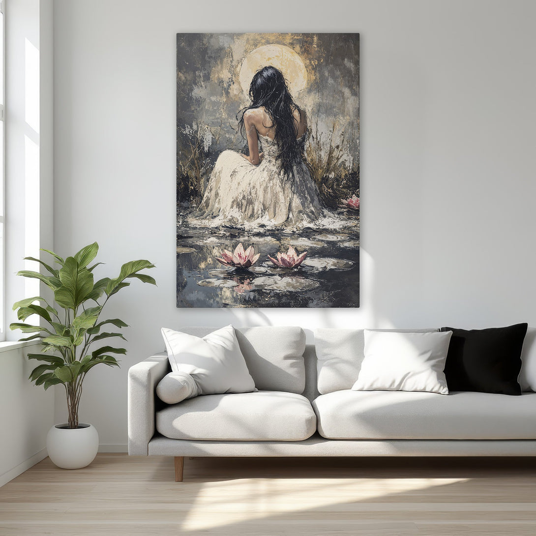 Framed Wall Art: Serene woman in a white dress, abstract style, moody color palette. Perfect for bedroom decor. Shop canvas prints today!