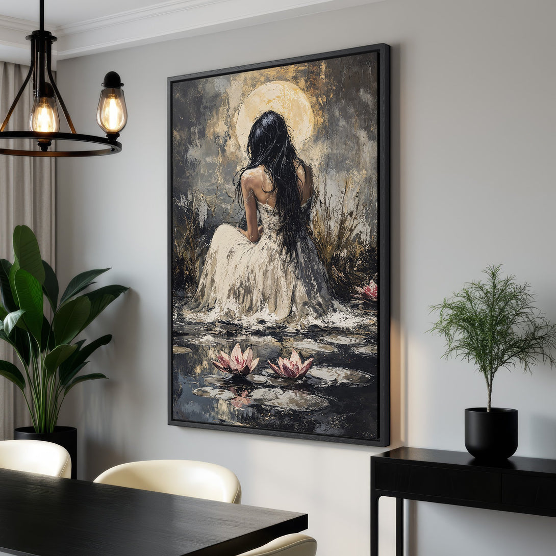 Framed Wall Art: Serene woman in a pond with lotus flowers. Abstract, moody painting with a neutral, earthy color palette. Perfect for modern home decor.