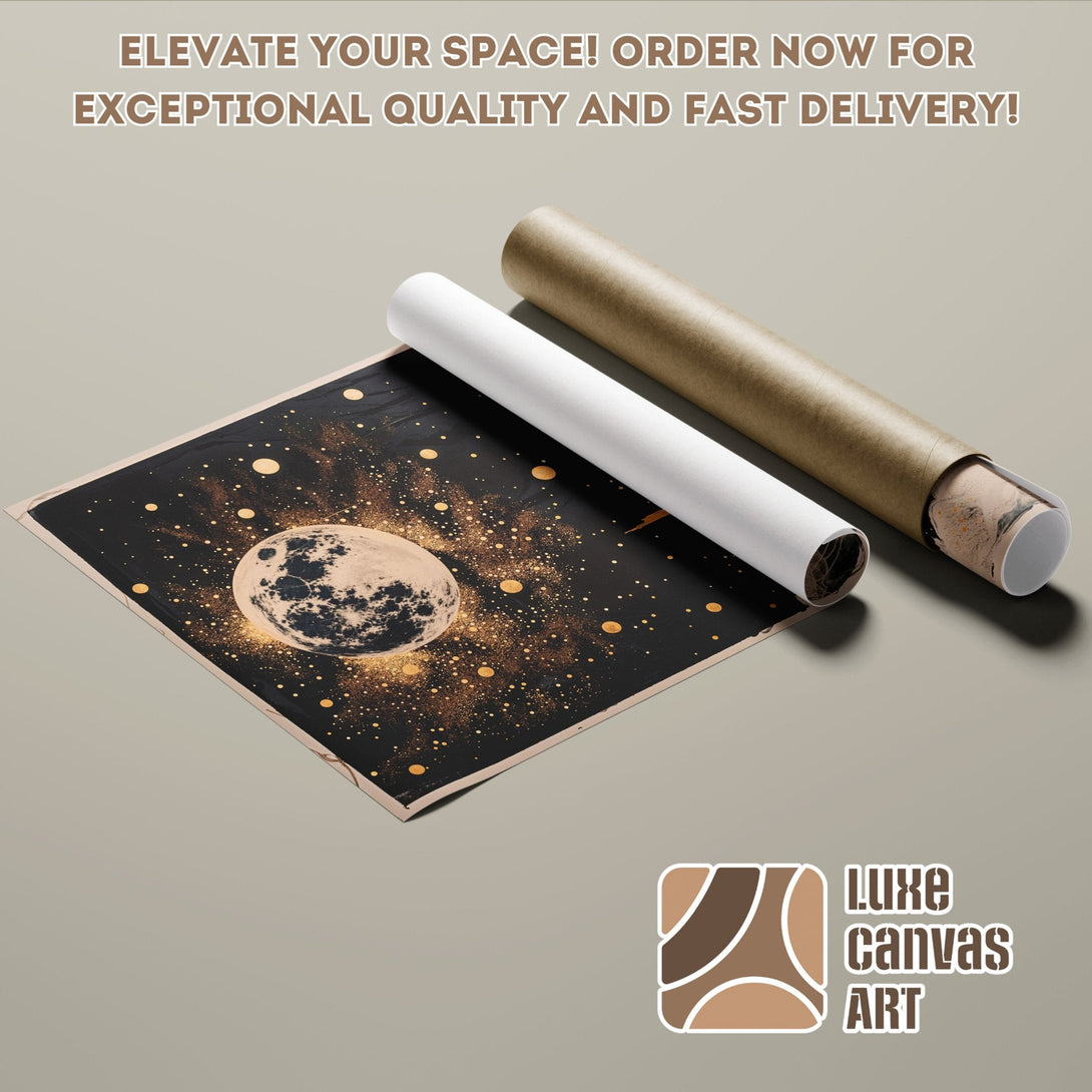 Poster Roll featuring a celestial moon design in a modern style with a black and gold color palette. Order yours today!