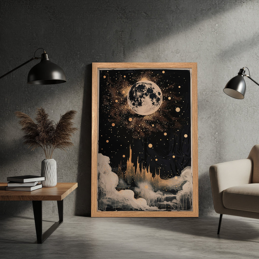Framed Poster featuring a celestial moon and stars design in a black and gold color palette, perfect for modern decor.