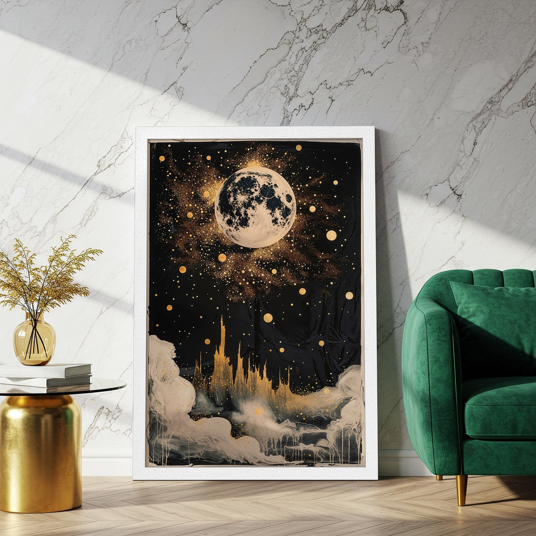 Framed Poster featuring a celestial moon and gold accents on a black background. Modern art style, elegant decor.