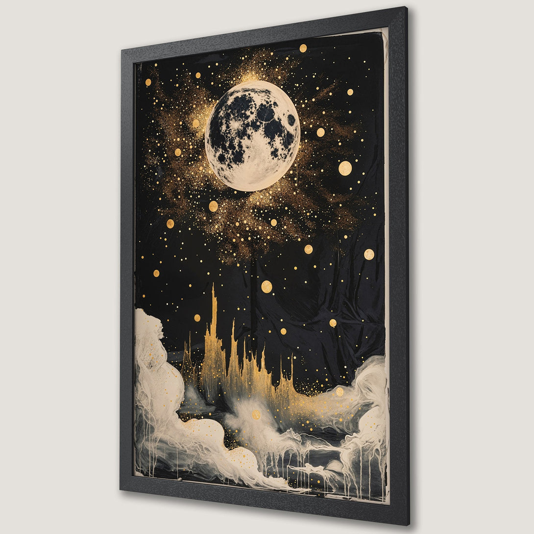 Framed Poster featuring a celestial moon and stars in a dreamy, abstract style with a black and gold color palette. Perfect wall art!