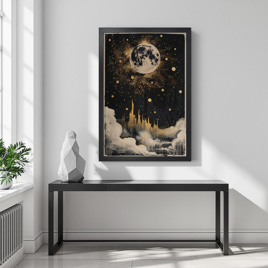 Framed Poster featuring a celestial night scene with a moon, in black and gold tones, perfect wall art.