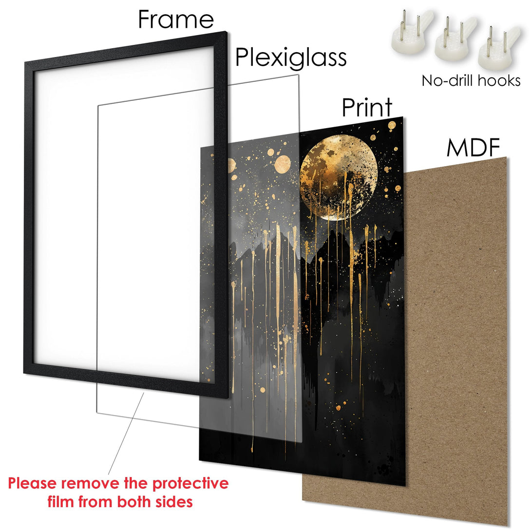 Framed Poster featuring a gold and black abstract art design. Modern style, elegant color palette for home decor.