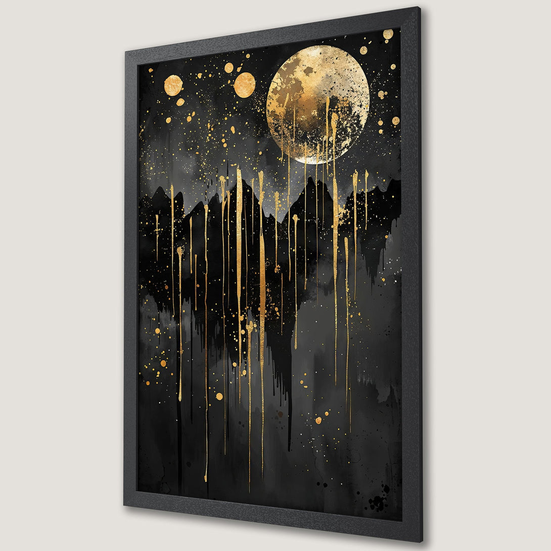 Framed Poster featuring a gold moon and abstract art on black background. Modern, elegant design.