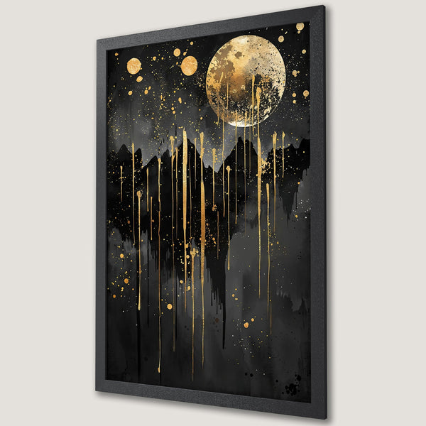 Framed Poster featuring a gold moon and abstract art on black background. Modern, elegant design.