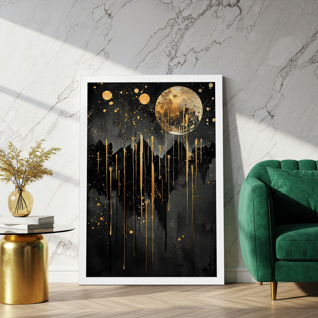 Framed Poster featuring a black and gold abstract landscape. Modern art print with a dramatic, luxurious color palette. Perfect wall decor.