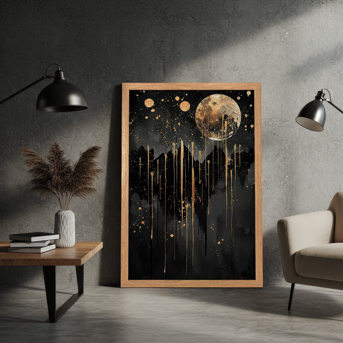 Framed Poster featuring a stylish black and gold abstract moon landscape art print. Perfect for modern home decor.