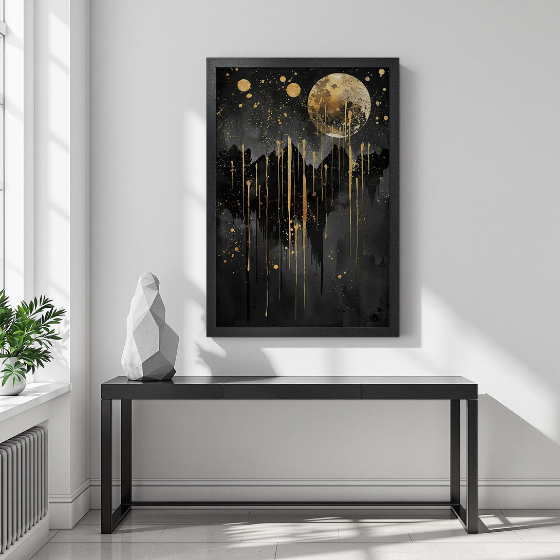 Framed Poster featuring a black and gold abstract moon and mountain design. Modern art style with a luxurious color palette.