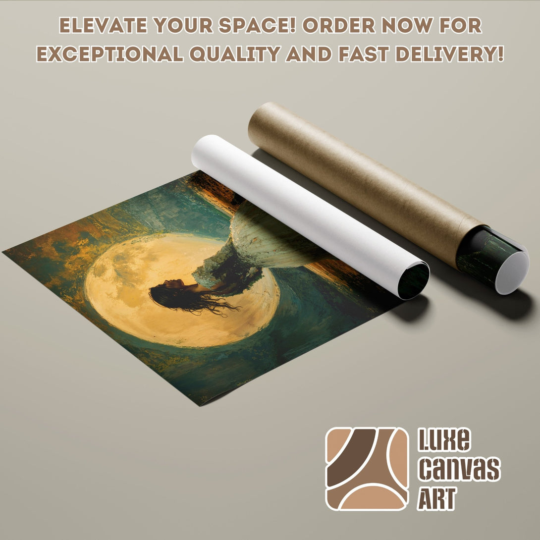 Poster Roll featuring a woman and moon art print. Earthy tones and artistic style. Elevate your space with quality art!
