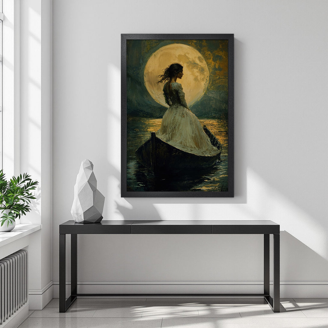 Framed Poster featuring a woman on a boat under a moon, in a romantic, painterly style with a warm, golden color palette.