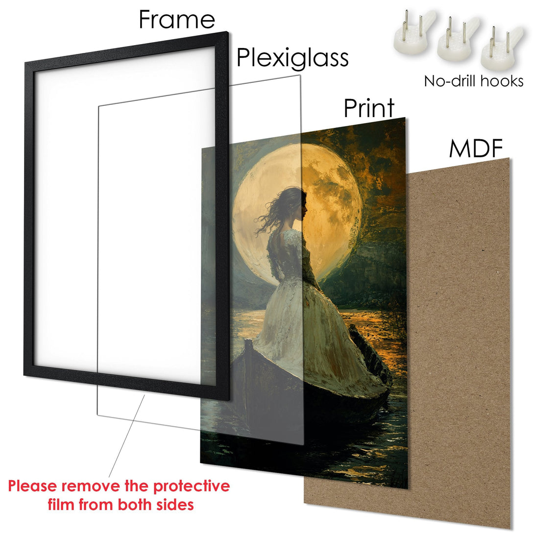 Framed Poster featuring a woman on a boat under a moon, artistic style with warm yellow and blue tones. Ready to hang!